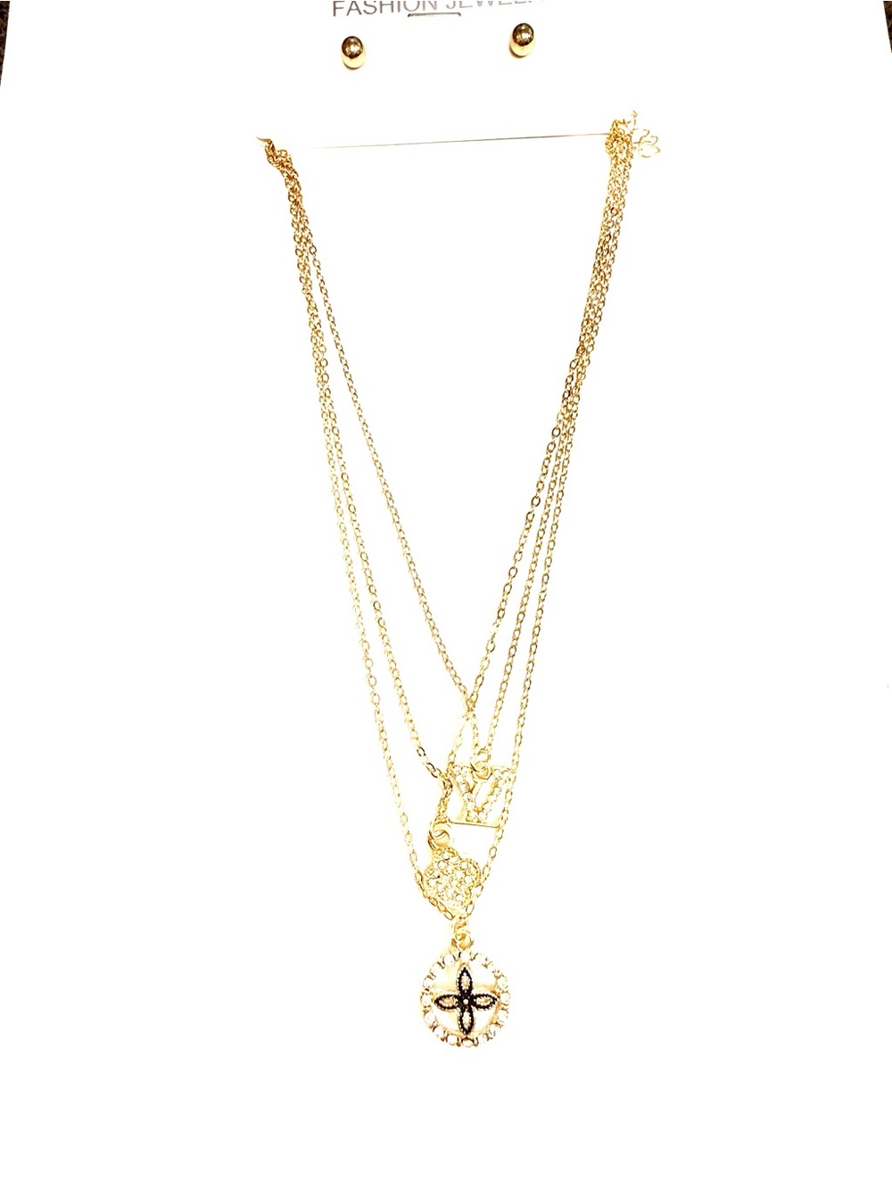 Fashion Jewelry Gold Layered Pendant Necklace with Black Accents - Picture 2 of 2